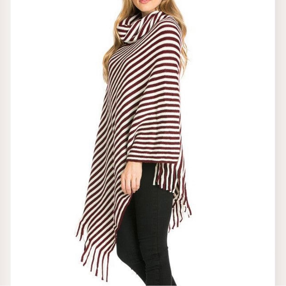 Striped Fringed Asymmetric Cowl-Neck Knit Poncho 70
